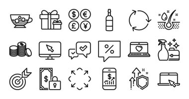 İndirim mesajı, Hedef ve Sürpriz paket satırı simgeleri ayarlandı. Koruma kalkanı ve para değişimi. Onayla, konyak şişesi ve temizleyici sprey ikonları. Vektör