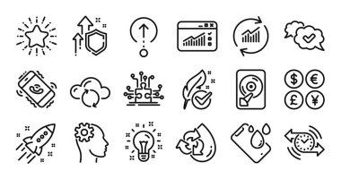 Mühendislik, akıllı telefon su geçirmez ve çağrı merkezi simgeleri ayarlandı. Koruma kalkanı ve para değişimi. Hdd, Startup roketi ve yıldız simgeleri. Vektör