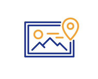 Fotoğraf konum çizgisi simgesi. Resim küçük resim işareti. Resim tutucu sembolü. Renkli ince çizgi ana hatları. Doğrusal fotoğraf konumu simgesi. Düzenlenebilir felç. Vektör