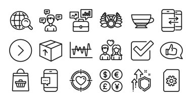 Geribildirim, hisse senedi analizi ve Smartphone mesaj hattı simgeleri ayarlandı. Koruma kalkanı ve para değişimi. Checkbox, Laureate madalyası ve İletişim mesajları simgeleri. Vektör