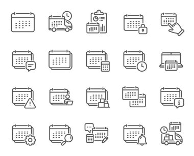Takvim çizgisi simgeleri. Program randevusu, etkinlik tarihi, zaman çizelgesi simgeleri. Hesap raporu, teslimat çizelgesi ve günlük planlayıcısı. Olay takvimi, son teslim tarihi ve ay raporu. Vektör