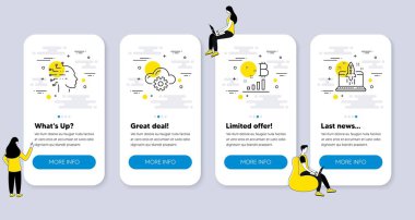 Bitcoin grafiği, Bulut hesaplaması, Yapay Zeka simgeleri gibi Eğitim simgeleri kümesi. İnsanlarla UI telefon uygulaması ekranları. İş sembollerini başlat. Vektör