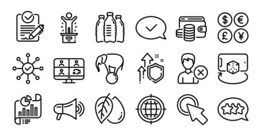 Fil topta, Artırılmış Gerçeklik ve Rapor çizgi simgeleri ayarlandı. Koruma kalkanı ve para değişimi. Seo internet, onaylanmış mesaj ve su şişesi simgeleri. Vektör