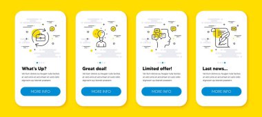 İnsan kaynakları, eğitim ve mesaj çizgisi simgeleri oluşturuldu. Satır simgeli UI telefon uygulaması ekranları. Tüylü ikon. İşe alım, insan fikri, bildiriler. Telif hakkı sayfası. Vektör
