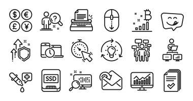 Arama çalışanı, leziz gülümseme ve arama çizgisi simgeleri ayarlandı. Koruma kalkanı ve para değişimi. Evde çalış, kimya pipeti ve fikir simgeleri. İstatistikler, SSD ve Zamanlayıcı işaretleri. Vektör