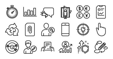 Fikir, asansör ve kariyer merdiveni çizgisi simgeleri ayarlandı. Koruma kalkanı ve para değişimi. Akıllı telefon, megafon ve rapor belge simgeleri. Eklenti, Kullanıcı Bul ve Dosya İşaretleri Al. Vektör