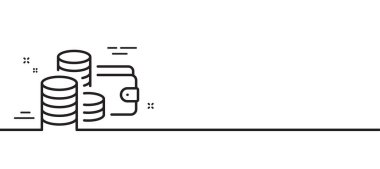 Cüzdan çizgisi simgesi. Para kesesi tabelası. Nakit bütçe sembolü. Asgari çizgi çizimi arka planı. Cüzdan çizgisi simge desenli pankart. Beyaz ağ şablonu konsepti. Vektör