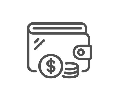 Cüzdan çizgisi simgesi. Para birimi işaretleri var. Para ticareti sembolü. Kalite tasarım elemanı. Doğrusal cüzdan simgesi. Düzenlenebilir felç. Vektör