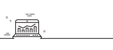 Pazarlama istatistik çizgisi simgesi. Web analitik sembolü. Laptop ya da Not Defteri işareti. Asgari çizgi çizimi arka planı. Web Analiz Hattı ikon desen afişi. Beyaz ağ şablonu konsepti. Vektör