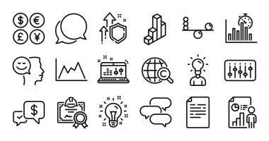 Eğitim, ruh hali ve fikir çizgisi simgeleri ayarlandı. Koruma kalkanı ve para değişimi. Diyagram, konuşma balonu ve zaman simgeleri. Denge, Belge ve Ödeme işaretleri alındı. Vektör