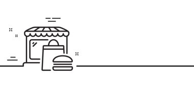 Yiyecek pazarı çizgisi ikonu. Fast food restoranı tabelası. Pazarlama sembolü. Asgari çizgi çizimi arka planı. Gıda pazarı ikon desenli afiş. Beyaz ağ şablonu konsepti. Vektör