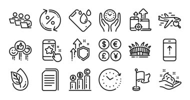 Güvenli zaman, dosyaları kopyala ve arama uçuş çizgisi simgeleri ayarlandı. Koruma kalkanı ve para değişimi. Zaman değişimi, Smartphone su geçirmez ve Bayrak simgeleri. Cilt bakımı, kredi ve benzeri belirtiler. Vektör