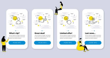 Drag Drop, Checkbox, Kullanıcılar sohbet simgeleri gibi bir grup İnsan simgesi. İnsanlarla UI telefon uygulaması ekranları. Dondurucu çizgi sembolleri. Hareket, Onaylanmış İletişim konsepti. Klima. Vektör