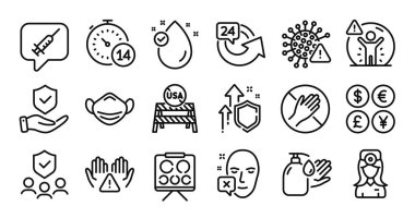 Sosyal mesafe, Usa yakın sınır ve 24 saatlik hat simgeleri belirlendi. Koruma kalkanı ve para değişimi. E vitamini, tıbbi maske ve aşı ikonları. Vektör