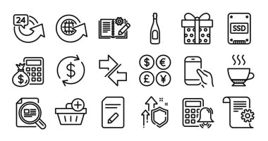 Finans hesap makinesi, dünya küresi ve satın alma çizgisi simgeleri seti. Koruma kalkanı ve para değişimi. Hesap makinesi alarmı, yazıyı ve mühendislik belgelerini kontrol et. Vektör