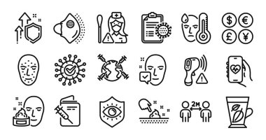 Nane yaprakları, yüz kabul edildi ve cilt nemlendirme çizgisi simgeleri ayarlandı. Koruma kalkanı ve para değişimi. Ateş, Coronavirus ve tıbbi maske simgeleri. Vektör