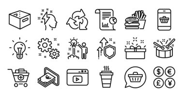 Akıllı telefon alımı, Rapor ve Beyin Fırtınası çizgi simgeleri ayarlandı. Koruma kalkanı ve para değişimi. İş, video içeriği ve ofis kutusu simgeleri. Hediye kutusu, Burger and Add ürün tabelaları. Vektör