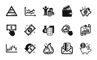 Diyagram şeması, nakit para birimi ve banka kartı simgelerinin vektör kümesi basit. Mum boyası grafiği, kredi kartı ve ödeme tıklama simgeleri. Muhasebe serveti, rapor dökümanları ve Piggy satış tabelaları. Vektör