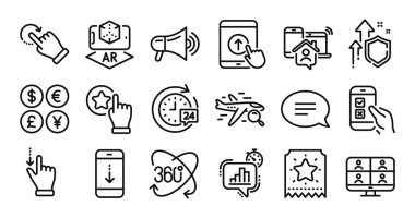 Aşağı in, Megaphone ve 24h dağıtım hattı simgeleri hazır. Koruma kalkanı ve para değişimi. Tam dönüş, gezici inceleme ve simgeleri kaydır. Vektör