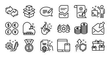 Bozuk dosya, Sertifika ve Sürpriz kutular satırı simgeleri ayarlandı. Koruma kalkanı ve para değişimi. Yenile, Strateji ve Piyano simgeleri. Vektör