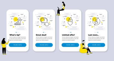 Heart Fire, Question düğmesi, Winner simgeleri gibi bir grup insan simgesi. İnsanlarla UI telefon uygulaması ekranları. Kişi bilgilendirme hattı sembolleri. Aşk ateşi, quiz, en iyi sonuç. Kullanıcı verilerini tazele. Vektör