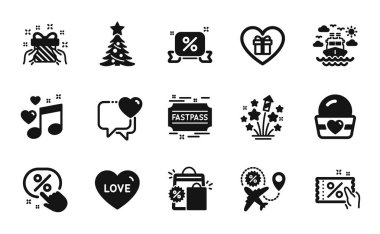 İndirim kuponlarının, gemi seyahatlerinin ve Hızlı Geçiş simgelerinin oluşturduğu vektör seti. Uçuş indirimi, indirimli kurdele ve hediye ikonları. Alışveriş torbaları, Kalp ve İndirim düğmeleri. Vektör
