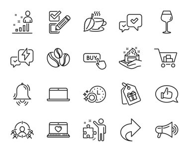 İstatistikler, Strateji ve Şimşek çizgisi simgeleri oluşturuldu. Geribildirim, kahve çekirdekleri ve dizüstü bilgisayar ikonları. Kuponlar, bulaşık makinesi zamanlayıcısı ve nane çayı tabelaları. İstatistikler web sembolü. Vektör