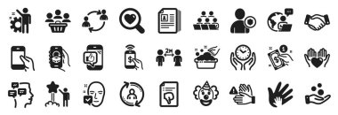 Bağış parası, teslimat uygulaması, akıllı telefon simgeleri gibi simgeler. Dokunma, sosyal sorumluluk, mesaj işaretleri. Güvenli zaman, kullanıcı bilgisi, kullanıcı iletişimi. - Güvenlik. Vektör