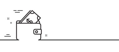 Nakit para çizgisi ikonlu cüzdan. Para birimi işareti. Ödeme yöntemi sembolü. Asgari çizgi çizimi arka planı. Cüzdan çizgisi simge desenli pankart. Beyaz ağ şablonu konsepti. Vektör