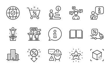 İş simgeleri ayarlandı. Binalar, Kazanan Podyum, Artırılmış Gerçeklik İşaretleri gibi ikonlar da dahil. İnşaat uyarısı, Vip yıldızı, yüzde bir kredi sembolü. Seçim kampanyası, sohbet mesajları, indirim. Vektör