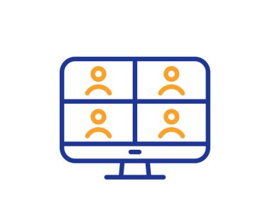 Sanal konferans hattı simgesi. Çevrimiçi eğitim işareti. Video takımı sunum sembolü. Renkli ince çizgi ana hatları. Doğrusal görüntü konferansı simgesi. Düzenlenebilir felç. Vektör