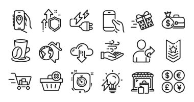 Maaş, Bulut indirme ve elektrik ampul hattı simgeleri ayarlandı. Koruma kalkanı ve para değişimi. Rüzgar enerjisi, zamanlayıcı ve elektrik prizi simgeleri. Vektör