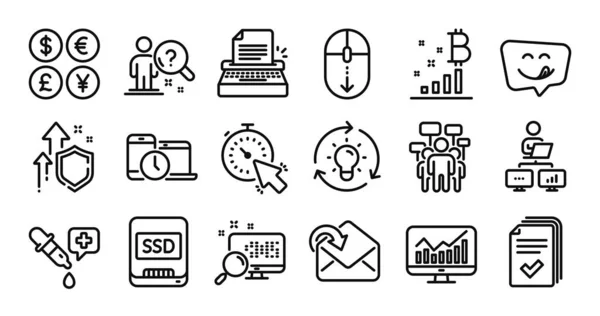従業員を検索 おいしい笑顔と検索ラインのアイコンセット 安全な盾と通貨交換 化学ピペットやアイデアのアイコンを動作します SsdおよびTimer記号 ベクトル — ストックベクタ