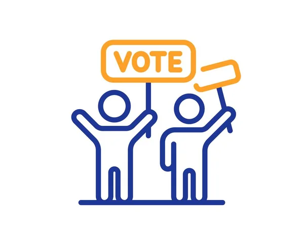 投票キャンペーンラインアイコン 人々は看板を持って集まる 公選のシンボル カラフルな細い線の概念 線形スタイルの投票キャンペーンアイコン 編集可能なストローク ベクトル — ストックベクタ