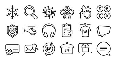 Helikopter, arama postası ve kaynama hattı simgeleri ayarlandı. Koruma kalkanı ve para değişimi. Yapay zeka, para birimi ve kulaklık simgeleri. Vektör