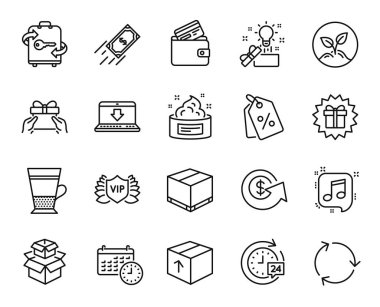 Müzikal nota vektör kümesi, Başlangıç ve Debit kart satırı simgeleri ayarlandı. Paket, hızlı ödeme ve 24 saat teslimat ikonları. Sürpriz hediye, hediye ve bavul ver. Müzik notası web sembolü. Vektör