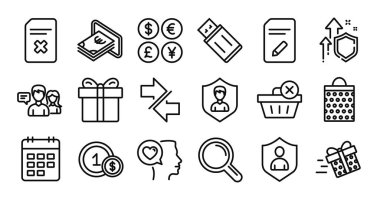 Belgeyi düzenle, alışveriş torbası ve romantik sohbet hattı simgeleri ayarlandı. Koruma kalkanı ve para değişimi. Dosyayı sil, Usb flaşı ve simgelerle konuşan insanları. Vektör