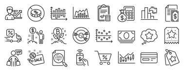 Sadakat bileti, nakit yok, teslimat indirim ikonları gibi bir takım ikonlar. Başarı işi, satış, gelir tabelaları. Azalan grafik, Analitik çizelge, hedefleme. Ödeme, Dot arazisi. Vektör