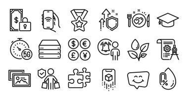 Bölme belgesi, internet uygulaması ve alıcı sigorta simgeleri ayarlandı. Koruma kalkanı ve para değişimi. Kullanıcı bildirimi, mezuniyet şapkası ve fotoğraf albümü simgeleri. Vektör