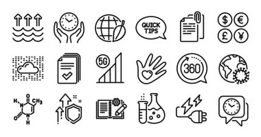 Bulut sistemi, Mühendislik belgeleri ve Kimyasal formül çizgisi simgeleri ayarlandı. Koruma kalkanı ve para değişimi. 5G Wi-Fi, Çevre Günü ve Hızlı Başlangıç Kılavuz simgeleri. Vektör