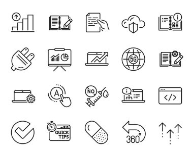 360 derecelik vektör seti, komut bilgisi ve çevrimiçi belge satırı simgeleri ayarlandı. Tut belgesi, 5g internet ve Not Defteri servis simgeleri. 360 derece web sembolü. Vektör