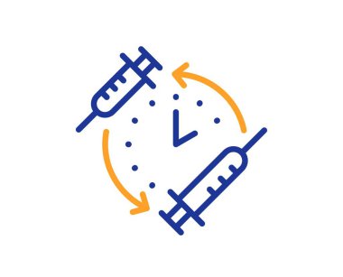 Aşı çizelgesi simgesi. Aşı şırıngası işareti. İkinci enjeksiyon zaman sembolü. Renkli ince çizgi ana hatları. Doğrusal stil aşı takvim simgesi. Düzenlenebilir felç. Vektör