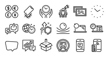 Temassız ödeme, kurtarma bilgisayarı ve güvenli zaman çizelgesi simgeleri ayarlandı. Koruma kalkanı ve para değişimi. Marka elçisi, elastik malzeme ve metro ikonları. Vektör