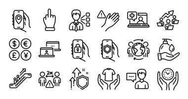 Dokunma, ellerini yıka ve üçüncü parti çizgi simgeleri hazır. Koruma kalkanı ve para değişimi. Konum uygulaması, takım çalışması şeması ve kilitli uygulama simgeleri. Vektör
