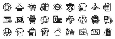 İndirim etiketleri, kıyafet değişimi, tişört tasarım simgeleri gibi moda simgeleri. İndirim kurdelesi, online alışveriş, cüzdan para tabelaları. Alışveriş arabası, indirimli teklif, indirimli hediye. Vektör