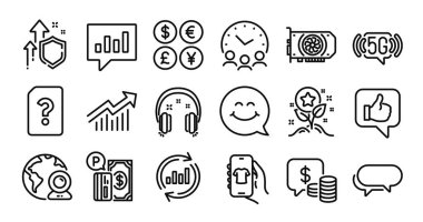 5g wifi, Bilinmeyen dosya ve güncelleme veri satırı simgeleri ayarlandı. Koruma kalkanı ve para değişimi. Dükkan uygulaması, kulaklıklar ve sadakat simgeleri. Gpu, video konferansı ve talep eğrisi işaretleri. Vektör
