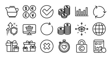 Sürpriz kutular, Doğrula ve Küre çizgi simgeleri ayarlandı. Koruma kalkanı ve para değişimi. Sürpriz paket, telif hakkı dolabı ve paket teslim ikonları. Web mağazası, madeni paralar ve kapalı düğme işaretleri. Vektör