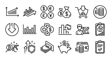 Sütun şeması, ATM parası ve Bitcoin maden hattı ikonları ayarlandı. Koruma kalkanı ve para değişimi. Sadakat puanları, Çizelge ve Başarı iş simgeleri. Alışveriş, rapor ve bozuk para torbası tabelaları. Vektör
