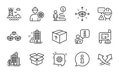 Sanayi simgeleri ayarlandı. Paket, bina ve paket taşıma tabelaları olarak simge içeriyor. Bina uyarısı, açık kutu, paket taşıma sembolleri. Kavşak okları, bina uyarısı, deniz feneri. Vektör