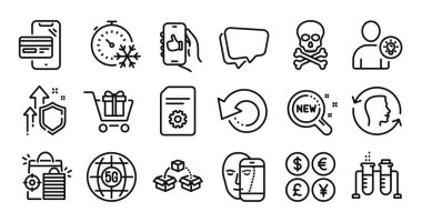 Kullanıcı fikri, Dondurucu zamanlayıcı ve Paket nakliye hattı simgeleri ayarlandı. Koruma kalkanı ve para değişimi. Yüz tanıma, yüz biyometrisi ve alışveriş arabası ikonları. Vektör